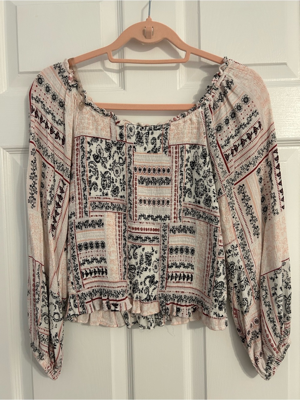American Rag Cream Peasant Crop Top with Black & Rust Print